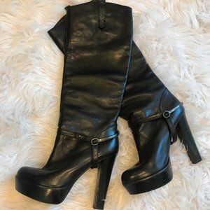 Guess by Marciano Tall Knee-High Black Boots with Pewter Buckle Detail, Size 7